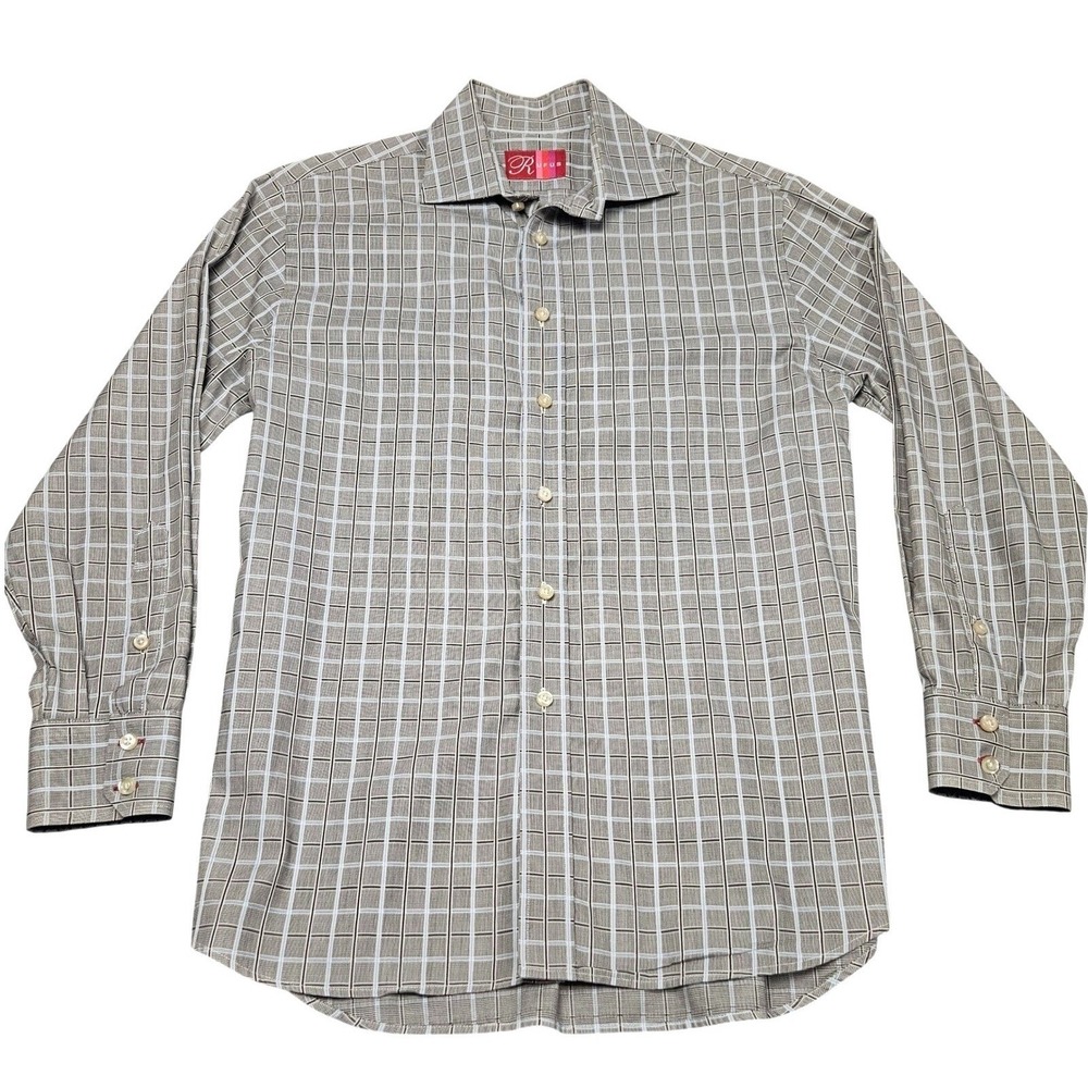 Rufus Button Down Shirt Mens M Gray Blue Grid Pattern Cotton Made in USA Preppy